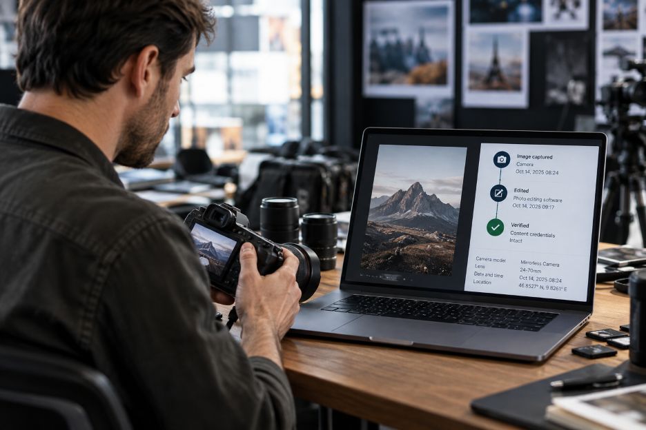 Photographer Reviewing Verified Mountain Image